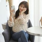 Frilled-neck See-through Floral Blouse