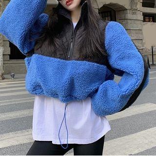 Contrast Loose Fit Zip Up Drawstring Furry Crop Top Blue - One Size