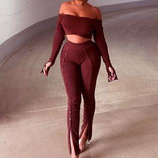 Set: Long-sleeve Off-shoulder Crop Top + Slit-hem Pants