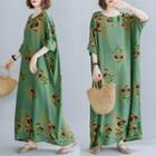 Dolman-sleeve Floral Print Maxi Dress Green - One Size