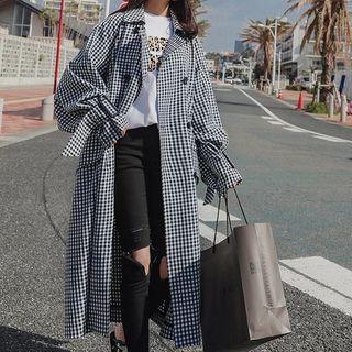 Double Breasted Plaid Long Trench Coat