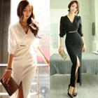 Long-sleeve V-neck Slit-front Maxi Sheath Dress