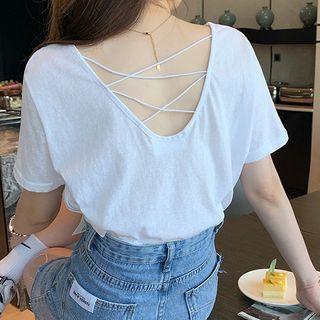 Short-sleeve Plain Open Back T-shirt