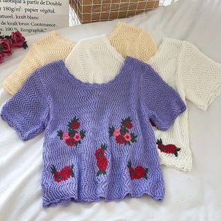 Flower Embroidered Short-sleeve Crop Knit Top