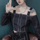 Long-sleeve Cold Shoulder Contrast Trim Crop Top Black - One Size