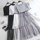 Short-sleeve Mesh Overlay Midi T-shirt Dress