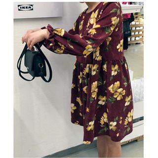 Floral Print Long-sleeve Corduroy Dress