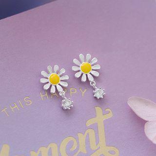 925 Sterling Silver Rhinestone Daisy Dangle Earring 1 Pcs - White Faux Pearl - Silver - One Size