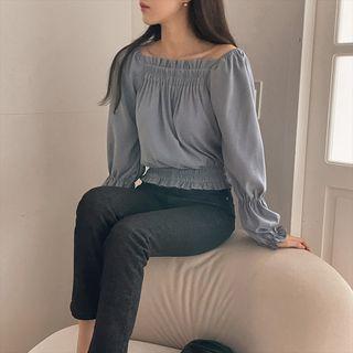 Off-shoulder Cropped Smocked Blouse