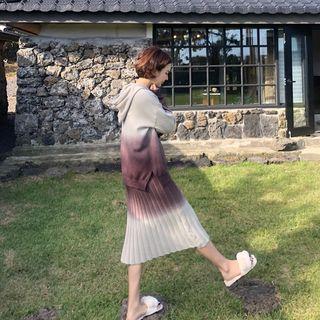 Set: Hooded Gradient Knit Top + Band-waist Pleated Skirt