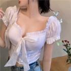 Puff-sleeve Frill Trim Tie-front Crop Top White - One Size