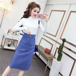 Set: Long-sleeve Mock Neck Knit Top + Straight Cut Midi Skirt