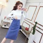 Set: Long-sleeve Mock Neck Knit Top + Straight Cut Midi Skirt