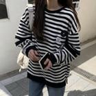 Elbow-cutout Striped Pullover Stripe - Black & White - One Size