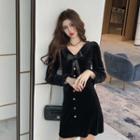 Long-sleeve Bow Velvet Mini A-line Dress Black - One Size