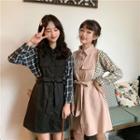 Mock Two-piece Plaid Long-sleeve Collared Dress