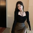 Long-sleeve Strappy Knit Top Black - One Size