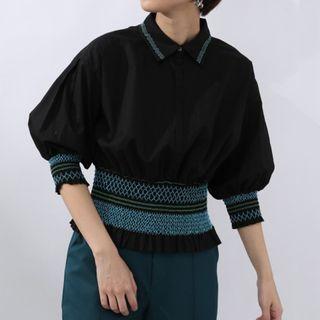 Puff-sleeve Embroidered Printed Blouse Black - One Size