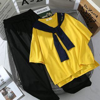 Mock Two-piece Short-sleeve T-shirt / Wide-leg Pants