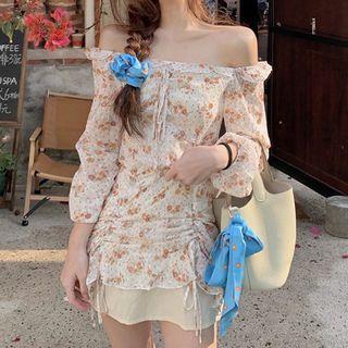 Off-shoulder Ruffle Drawstring Floral Dress
