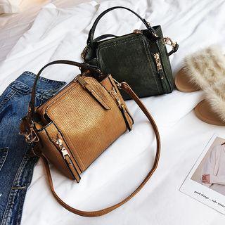 Contrast-trim Embossed Zip Handbag