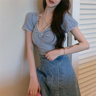 Short-sleeve Shirred Cropped T-shirt Blue - One Size