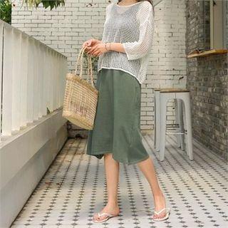 Set: Elbow-sleeve Mesh Top + Sleeveless Knit Dress