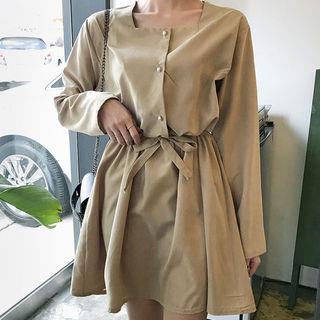 Square-neck Tie-waist Mini Shirtdress