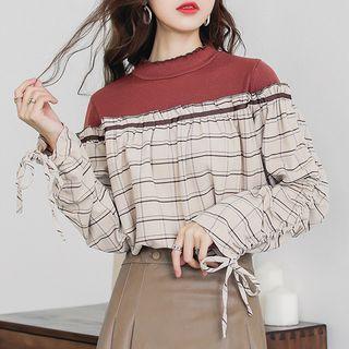 Drawstring-sleeve Plaid Panel Blouse