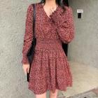 Long-sleeve Floral Print Mini Dress Red - One Size