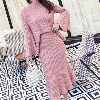 Set: Cable-knit Sweater + Midi A-line Skirt