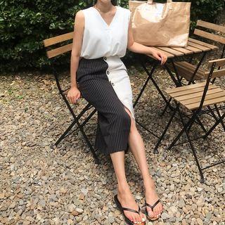 Button-detail Striped Color-block Skirt