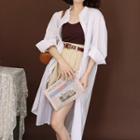 Long-sleeve V-neck Plain Ruffle Trim Medium Long Shirt