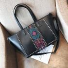 Embroidered Panel Studded Tote