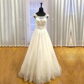 Cap Sleeve Mesh Trim Wedding Ball Gown / With Train