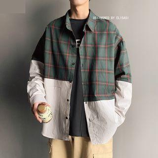 Long-sleeve Plaid Panel Shirt Jacket