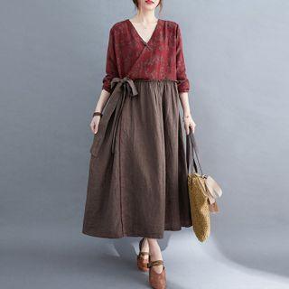 Long-sleeve Chinese Knot Button Flower Print Panel Dress