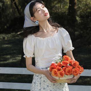 Square-neck Plain Pleated Bow Cropped Blouse