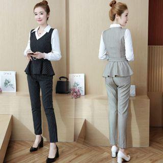 Set: Mock Two-piece Striped Long-sleeve Top + Cropped Pants