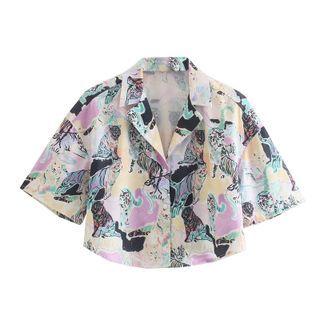 Elbow-sleeve Tiger Printed Shirt