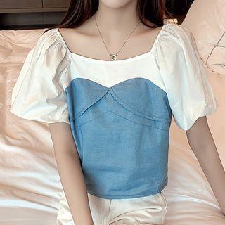Mock Two-piece Puff-sleeve Denim Panel Top