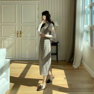 Slit-front Tie-back Plaid Overall Dress