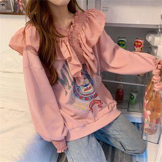 Ruffle-trim Printed Oversize Sweatshirt