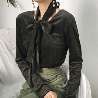 Long-sleeve V-neck Velvet Top With Sash