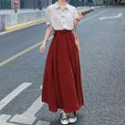Set: Short-sleeve Floral Print Blouse + A-line Maxi Skirt