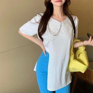 Short-sleeve Irregular Plain T-shirt