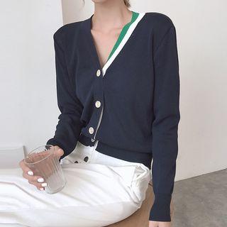 Contrast Trim Cardigan / Straight Cut Cropped Pants