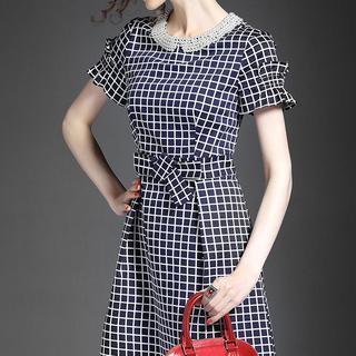 Faux Pearl Check A-line Dress