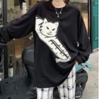 Oversized Cat Printed Long-sleeve Sweatshirt Black - One Size