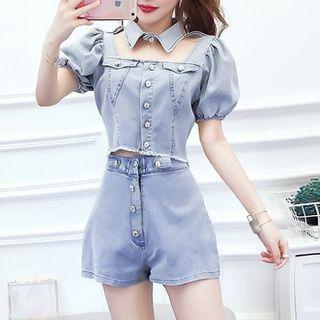 Set: Short-sleeve Button-up Denim Crop Top + Denim Shorts